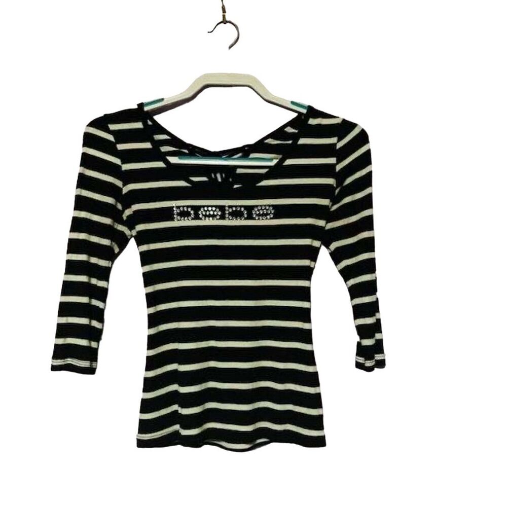 Vintage Bebe Women's Striped 3/4 Sleeve Shirt Rhinestone Logo M